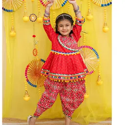 BownBee Pure Cotton Woven Navratri Theme Full Sleeves Embroidered Kedia With Dhoti Set - Pink-picture-26