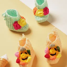 MayRa Knits Hand Knitted Woven Pack Of 2 Floral Applique Detailed Booties - Sea Green & Peach-picture-35