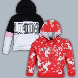Plum Tree 100% Cotton Knit Pack Of 2 Full Sleeves Magical Glittered & London Text Printed Light Winter Sweatshirts Set - Red & White-picture-28