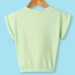 Olio Kids Cotton Knit Half Sleeves Textured Top with Text Print - Light Green image 2