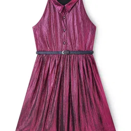 Hola Bonita Party Wear Shimmer with Collar Incut Sleeveless Dress - Wine image 2