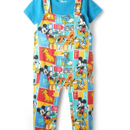 Babyhug Disney Single Jersey Knit Dungaree & Half Sleeves T-Shirt With Mickey Mouse Family Print - Blue image 2