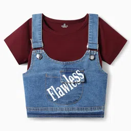 OLLINGTON ST. Cotton Sinker Knit Half Sleeves Top & Denim Skirt - Maroon & Indigo image 2