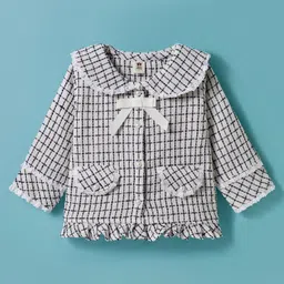 ToffyHouse Cotton Woven Full Sleeves Checkered Peter Pan Collared Party Top & Skirt with Bow Applique & Stockings - Blue & White image 2