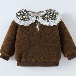 Kookie Kids Full Sleeves Peter Pan Collared Solid Winter Top - Brown image 3