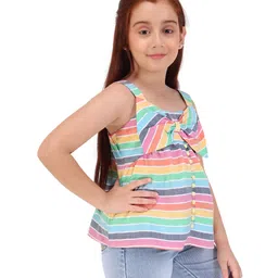 Cutecumber Cotton Woven Sleeveless Striped & Bow Applique Detailed Top - Multi Colour image 4