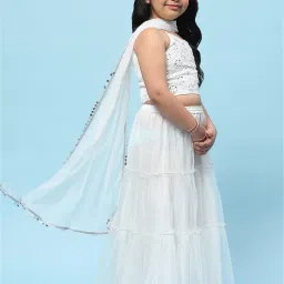 BIBA Girls White Embroidered Lehenga, Blouse with Dupatta image 3