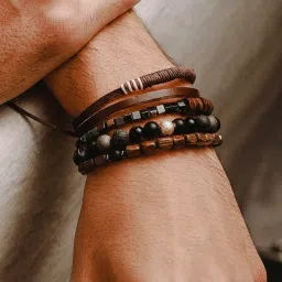 Aatmana Men Brown & Black-Coloured Leather & Beads Wraparound Bracelet - Set of 4 image 3