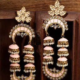 ANIKAS CREATION Pink Gold Plated Meenakari Paisley Shaped Jhumkas-picture-24