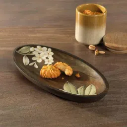 ellementry Frangipani Brown Wooden Oval Platter - Set of 1-picture-33