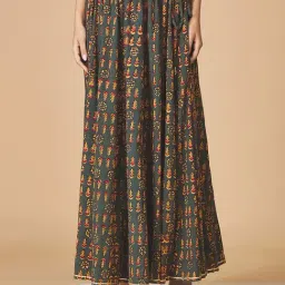 Fabindia Green Cotton Printed A-Line Skirt-image-27