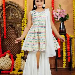 Aarika Girls White Embroidered Kurti Set-image-98