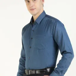 Hancock Blue Cotton Slim Fit Self Shirt-image-3