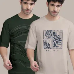 Bullmer Beige & Olive Cotton Oversized Fit Printed T-Shirt - Pack Of 2-image-1