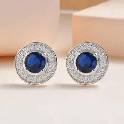 ornate jewels 925 Silver Solitaire Blue Sapphire and American Diamond Halo Stud Earrings for Women & Girls-picture-19