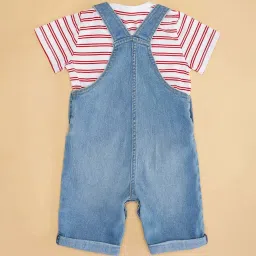Pantaloons Baby Blue & White Cotton Striped Dungaree Set image 3