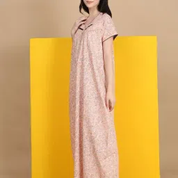 Sweet Dreams Peach Cotton Regular Fit Floral Print Night Dress-image-6
