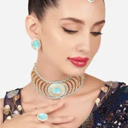 Zaveri Pearls Turquoise Enamel Kundan Crescent Choker Necklace Earring Maangtikka Ring Set-ZPFK16178-image-94