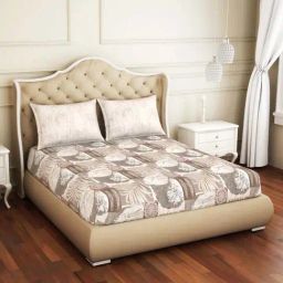 Spaces ATRIUM ECOM Brown & Grey Cotton 144 TC Queen Fitted Bedsheet with 2 Pillow Covers-picture-42