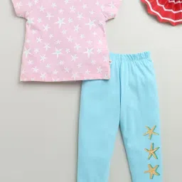 Bumzee Girls Baby Pink & Blue Cotton Graphic T-Shirt with Pyjama-image-81