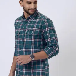 JadeBlue Green Cotton Slim Fit Checked Shirt image 2