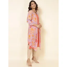 Fabindia Peach & Purple Floral Print Straight Kurta With Overlay image 3