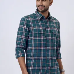 JadeBlue Green Cotton Slim Fit Checked Shirt image 4