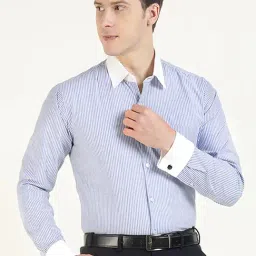 Hancock Blue and White Cotton Slim Fit Striped Shirt-image-49