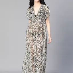 Oxolloxo Brown & Black Polyester Printed Beachwear Dress-image-62