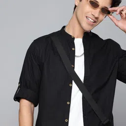 Aeropostale Geometric Self Design Band Collar Roll-Up Sleeves Pure Cotton Casual Shirt image 1