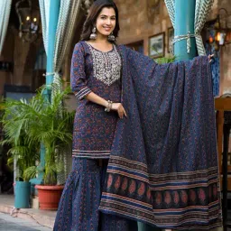 Yufta Blue Embroidered Kurta With Sharara & Dupatta-image-86