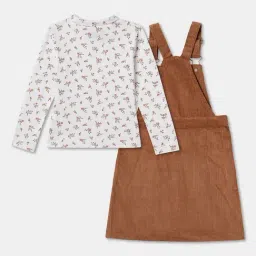 R&B Kids White & Brown Printed Regular Fit Top with Dungaree Dress image 2