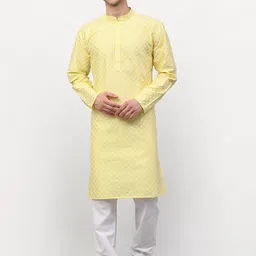 Jompers Men Yellow Embroidered Thread Work Kurta with Pyjamas-picture-20