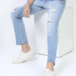 HIGHLANDER Men Blue Straight Fit Mildly Distressed Heavy Fade Stretchable Jeans-picture-15