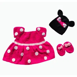 MayRa Knits Sleeveless Polka Dot Designed  Woollen Dress With Cap And Booties - Pink-image-14