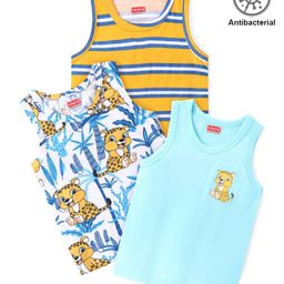 Babyhug 100% Cotton Sleeveless Antibacterial Sando Stiped & Cheetah Print Pack of 3 - Multicolour-image-37