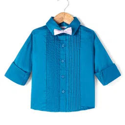 Babyhug Cotton Woven Full Sleeves Solid Shirt with Pintucks Detailing & Bow - Blue-picture-20