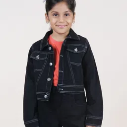 Kiddopanti Full Sleeves Back Peacock Patch Detailed Crop Denim Jacket - Black-image-86