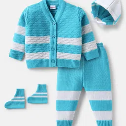 Babyhug Knit Full Sleeves Striped Front Open Sweater Set with Cap & Booties - White & Blue-picture-12