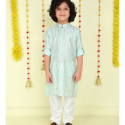 Ministitch Cotton Woven Full Sleeves Foil Striped Kurta Pyjama Set - Sea Green-picture-30