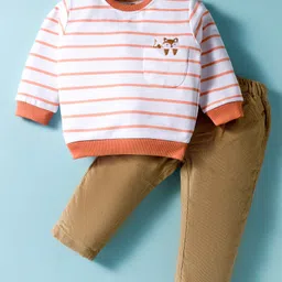 ToffyHouse Interlock Woven Full Sleeves Winter Wear Striped Sweatshirt & Lounge Pant Set With Fox Embroidery - Orange & Brown-picture-14