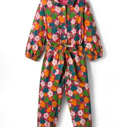 CrayonFlakes Cotton Knit Full Sleeves Floral Printed Belted Jumpsuit - Magenta-picture-14