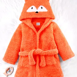 Babyhug Velour Knit Full Sleeves Hooded Bathrobe with Fox Applique & Embroidery - Orange-picture-32