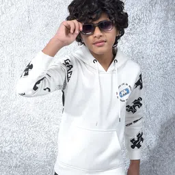 CRIMSOUNE CLUB Woven Full Sleeves Puzzle Printed Light Winter Hooded Sweatshirt - White-picture-12