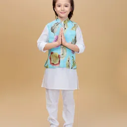 Ministitch Cotton Silk Woven Full Sleeves Solid Kurta Pyjama With Floral Printed Nehru Jacket Set - Sky Blue-picture-28