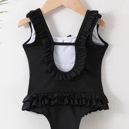 Babyhug Sleeveless V Cut Swimsuit With Frill & Bow Applique Solid Colour - Black image 2