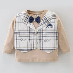 ToffyHouse 100% Cotton Full Sleeves T-Shirt & Trouser Set Checkered with Bow - Tan & Blue image 2