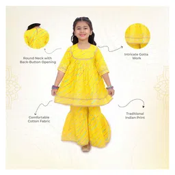 Little Ginnie Cotton Woven Three Fourth Sleeves Leheriya Printed Gota Lace Embellished Coordinating Kurta & Sharara Set - Yellow image 3