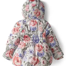 Babyhug Woven Full Sleeves Hooded Padded Jacket With Floral Print - Multicolor image 2