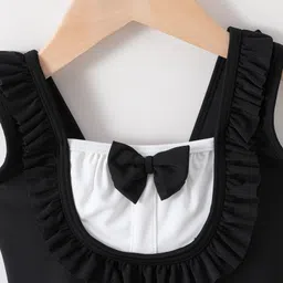 Babyhug Sleeveless V Cut Swimsuit With Frill & Bow Applique Solid Colour - Black image 3